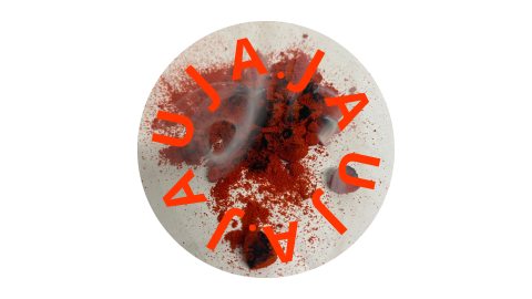 Imaxe JAUJA, lettering sobre un fondo con polvos vermellos